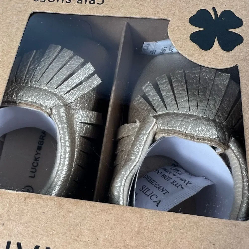 Lucky Brand “Heather” Gold Crib Shoes Fringe Moccasin Style, Size 3 - 6-9 Months
